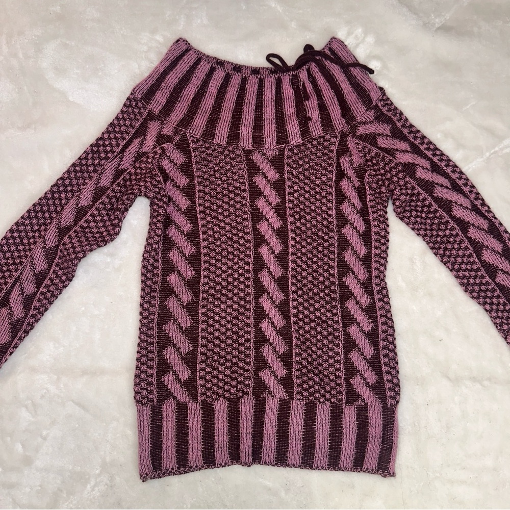 SHEIN Pink & Brown Striped and Checkered Cowl Neck Bow Sweater Size Small